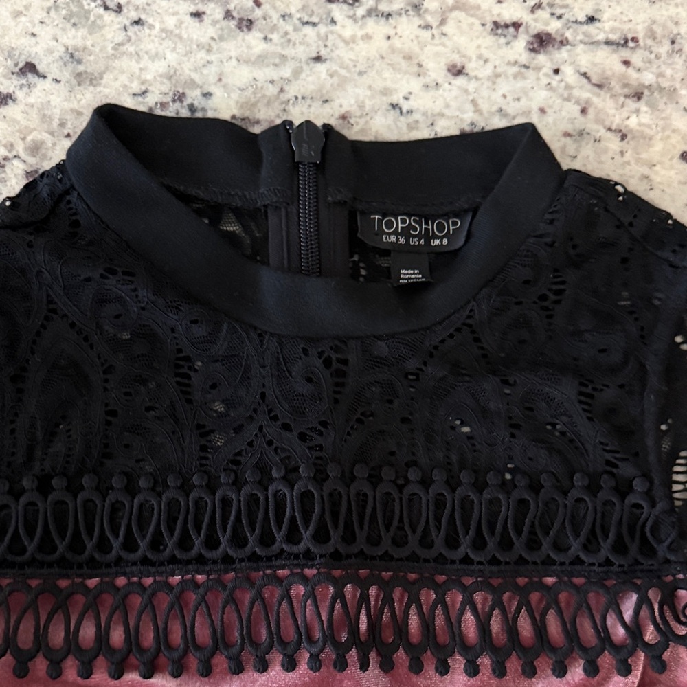 TOPSHOP Rose Pink Velvet Cold-Shoulder Top with Black Lace Yoke - Picture 3 of 8